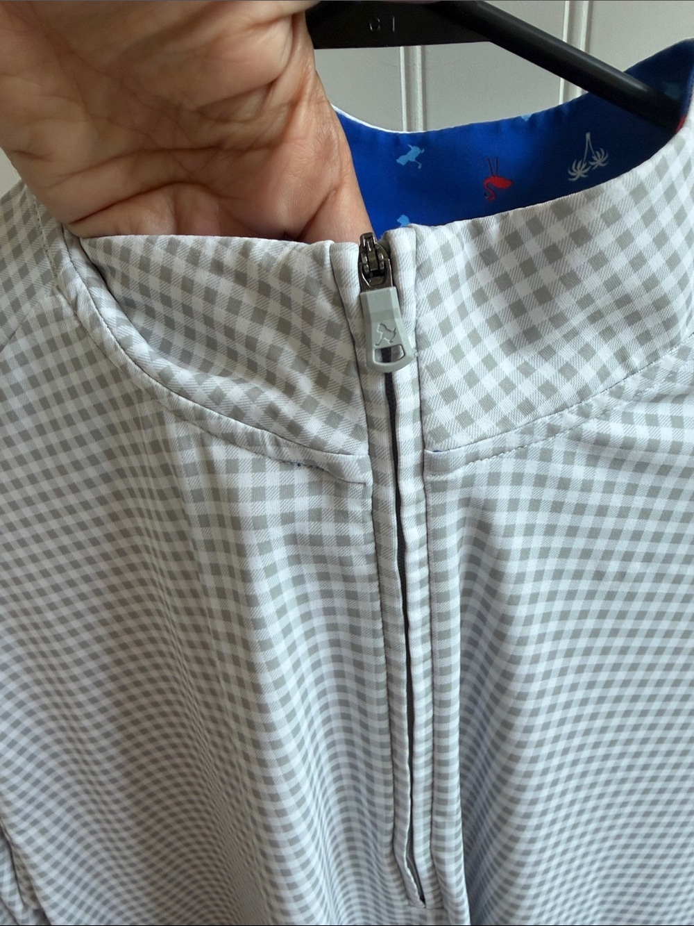 (066)Birdies Men’s Light Gray Check Zip-Top Polo - Picture 3 of 6